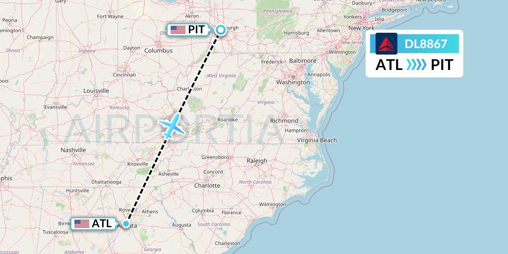 DL8867 Delta Air Lines Flight Map: Atlanta to Pittsburgh