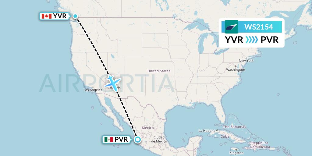 WS2154 WestJet Flight Map: Vancouver to Puerto Vallarta