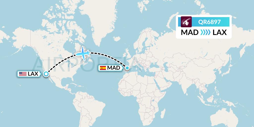 QR6897 Qatar Airways Flight Map: Madrid to Los Angeles