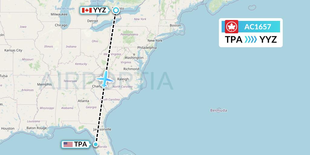 AC1657 Air Canada Flight Map: Tampa to Toronto