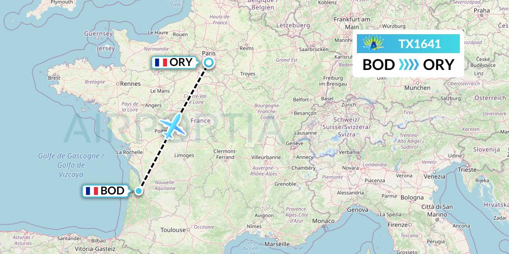 TX1641 Air Caraibes Flight Map: Bordeaux to Paris