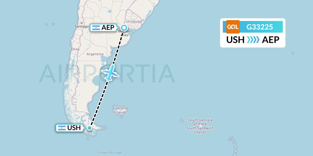 G33225 GOL Transportes Aeros Flight Map: Ushuaia to Buenos Aires