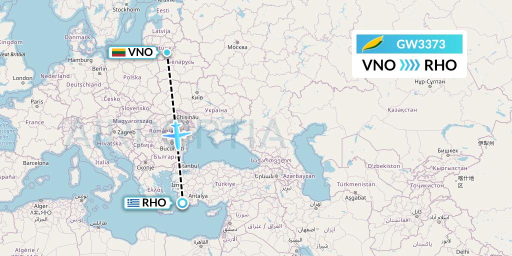 GW3373 GetJet Airlines Flight Map: Vilnius to Rhodes