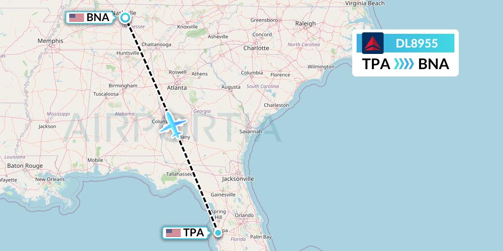 DL8955 Delta Air Lines Flight Map: Tampa to Nashville