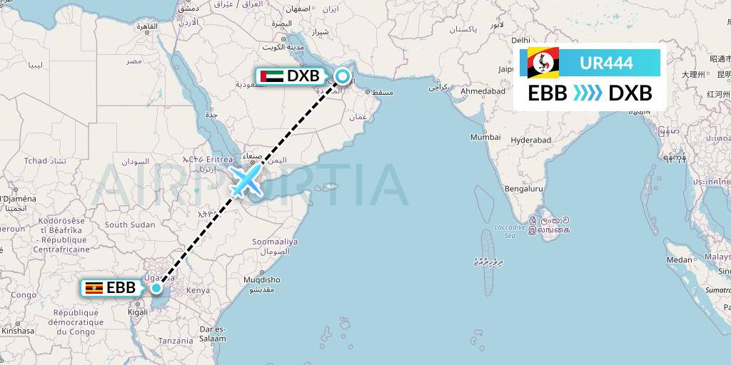 UR444 Uganda Airlines Flight Map: Entebbe to Dubai