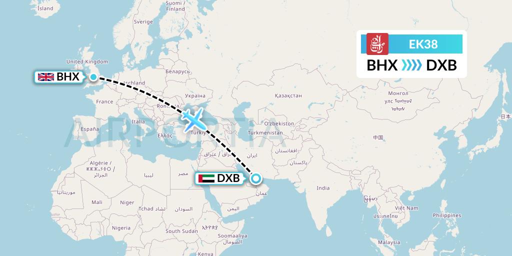 EK38 Emirates Flight Map: Birmingham to Dubai