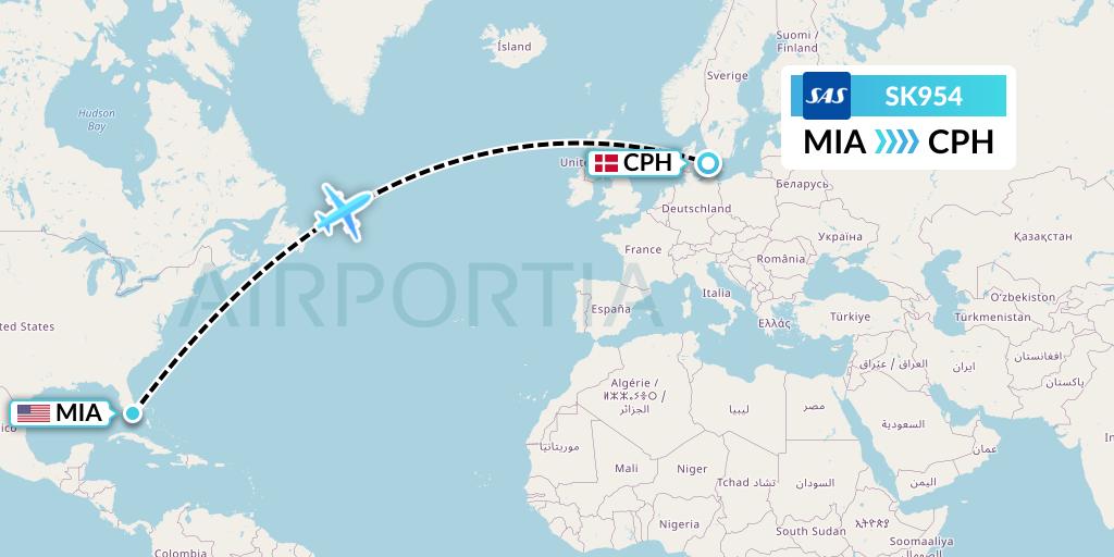 SK954 SAS Flight Map: Miami to Copenhagen