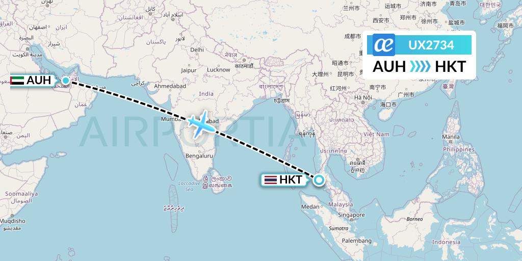 UX2734 Air Europa Flight Map: Abu Dhabi to Phuket