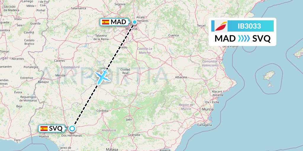 IB3033 Iberia Flight Map: Madrid to Seville