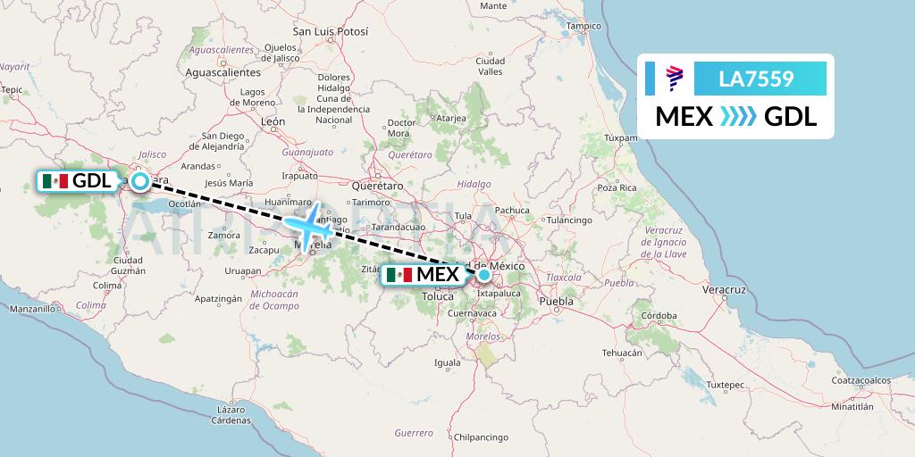 LA7559 LAN Airlines Flight Map: Mexico City to Guadalajara