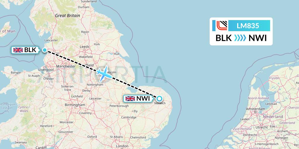 LM835 Loganair Flight Map: Blackpool to Norwich