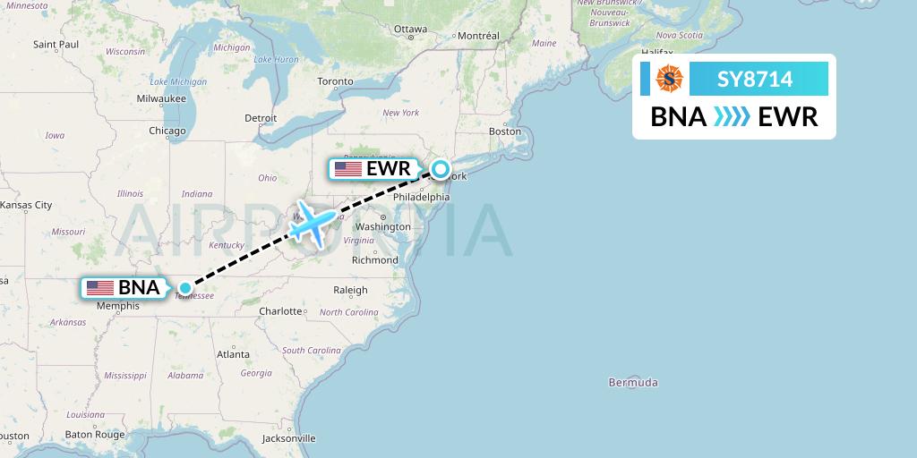 SY8714 Sun Country Airlines Flight Map: Nashville to New York