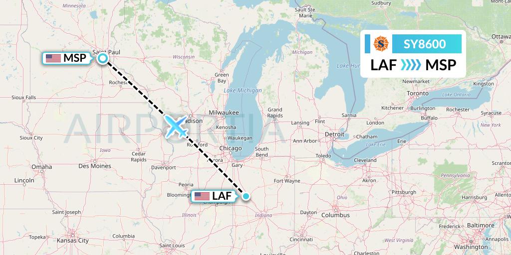 SY8600 Sun Country Airlines Flight Map: Lafayette to Minneapolis