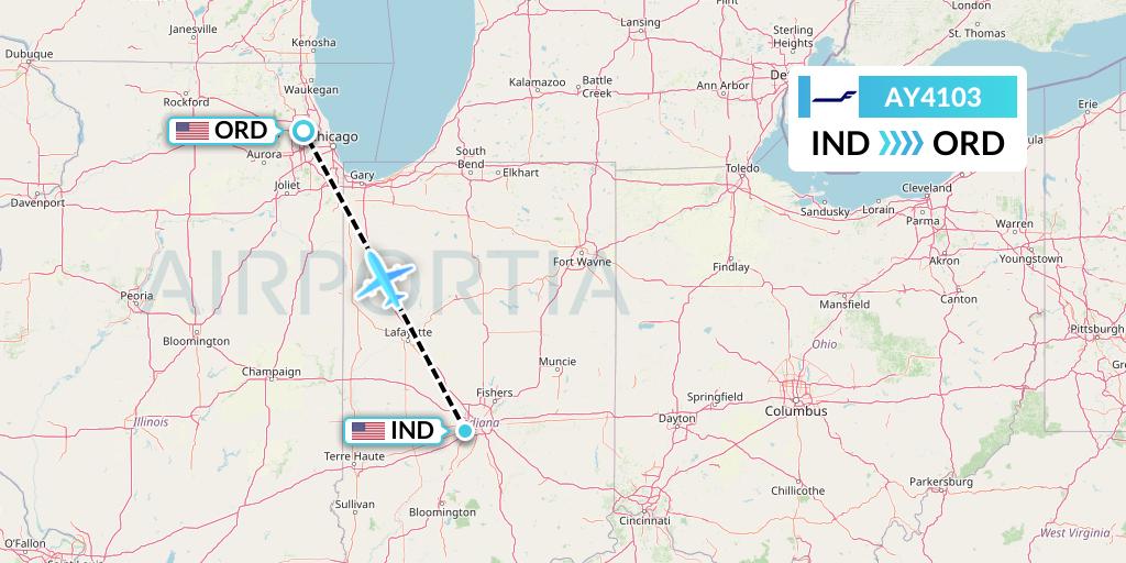AY4103 Finnair Flight Map: Indianapolis to Chicago