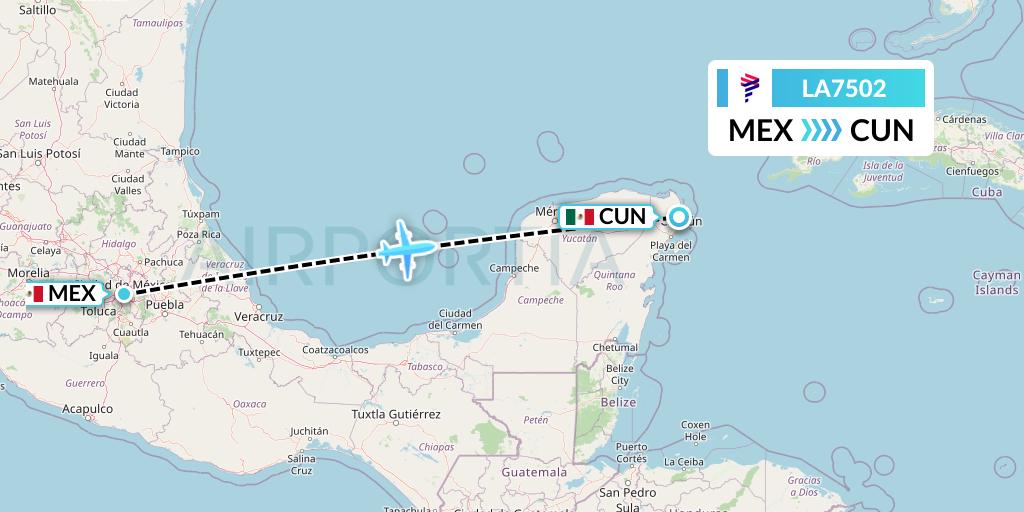 LA7502 LAN Airlines Flight Map: Mexico City to Cancun