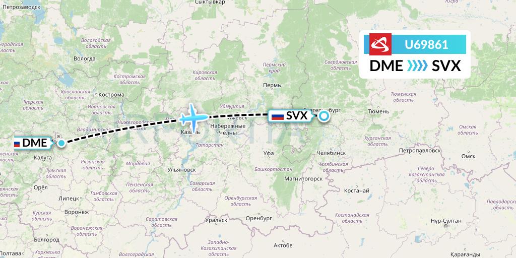 U69861 Ural Airlines Flight Map: Moscow to Yekaterinburg