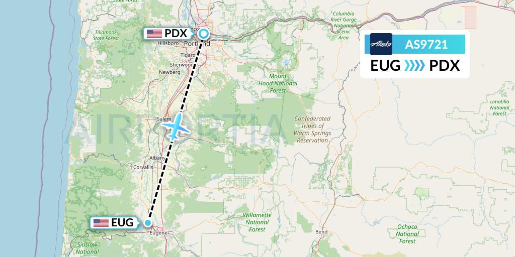 AS9721 Alaska Airlines Flight Map: Eugene to Portland
