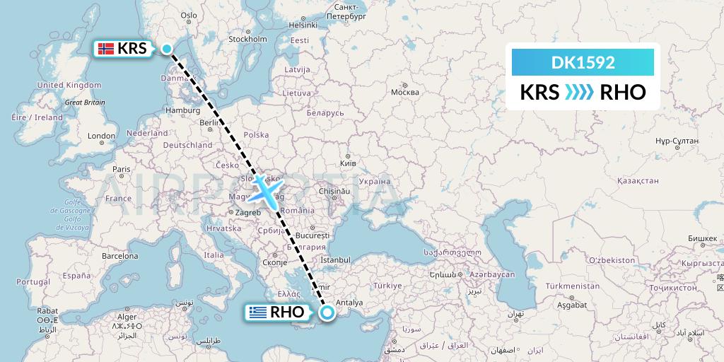 DK1592 Thomas Cook Airlines Scandinavia Flight Map: Kristiansand to Rhodes