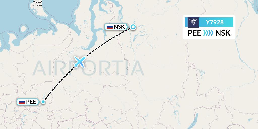 Y7928 NordStar Flight Map: Perm to Norilsk