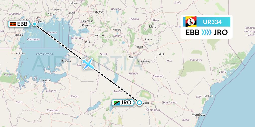 UR334 Uganda Airlines Flight Map: Entebbe to Kilimanjaro
