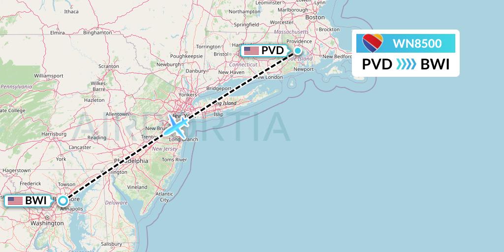 WN8500 Southwest Airlines Flight Map: Providence to Baltimore