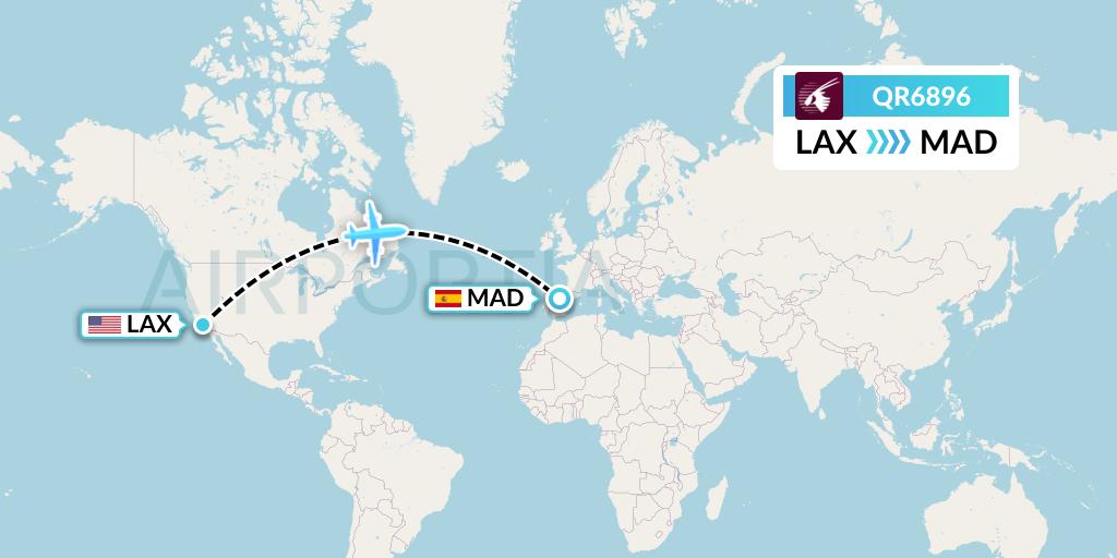 QR6896 Qatar Airways Flight Map: Los Angeles to Madrid