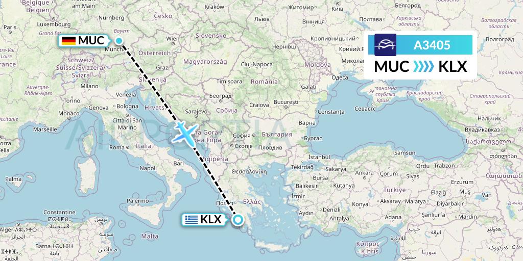 A3405 Aegean Airlines Flight Map: Munich to Kalamata