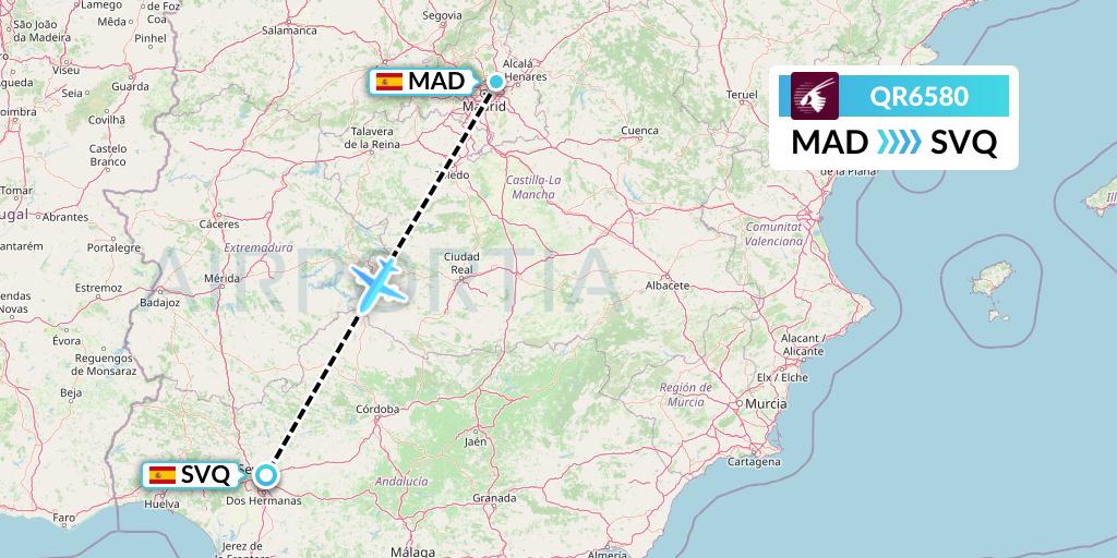QR6580 Qatar Airways Flight Map: Madrid to Seville