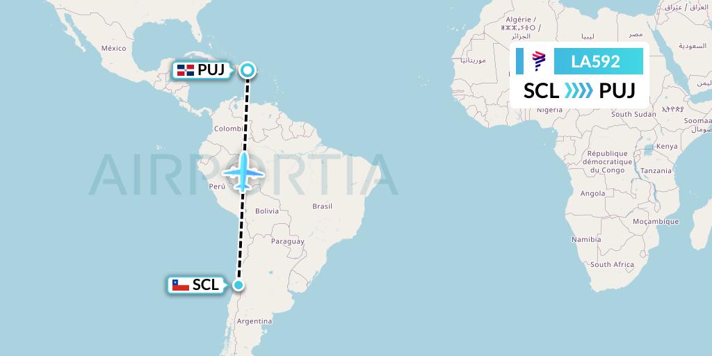 LA592 LAN Airlines Flight Map: Santiago to Punta Cana