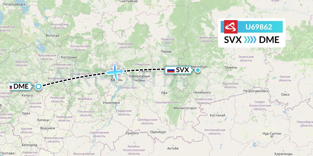 U69862 Ural Airlines Flight Map: Yekaterinburg to Moscow