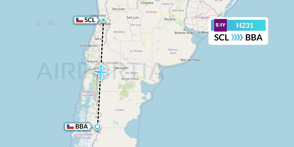 H231 Sky Airline Flight Map: Santiago to Balmaceda