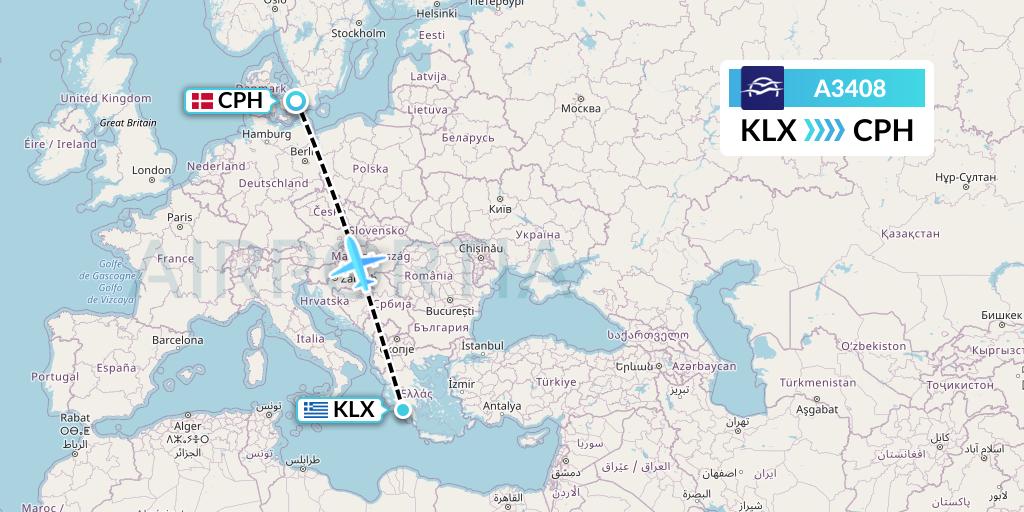 A3408 Aegean Airlines Flight Map: Kalamata to Copenhagen