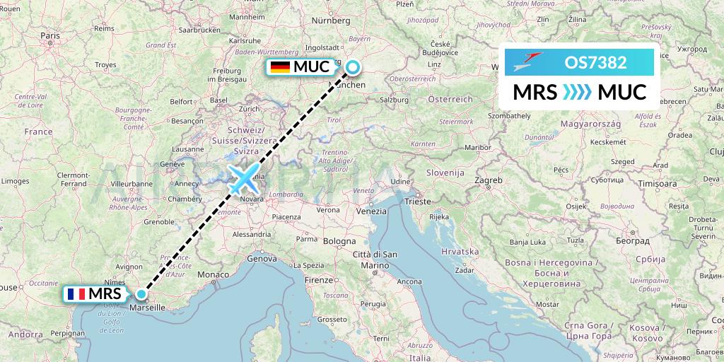 OS7382 Austrian Airlines Flight Map: Marseille to Munich