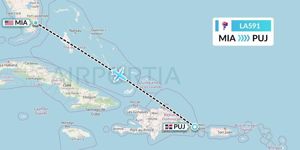 LA591 LAN Airlines Flight Map: Miami to Punta Cana