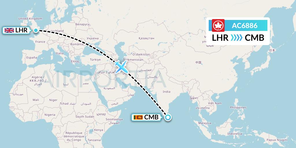 AC6886 Air Canada Flight Map: London to Colombo