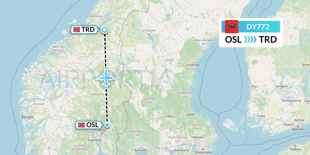 DY772 Norwegian Flight Map: Oslo to Trondheim
