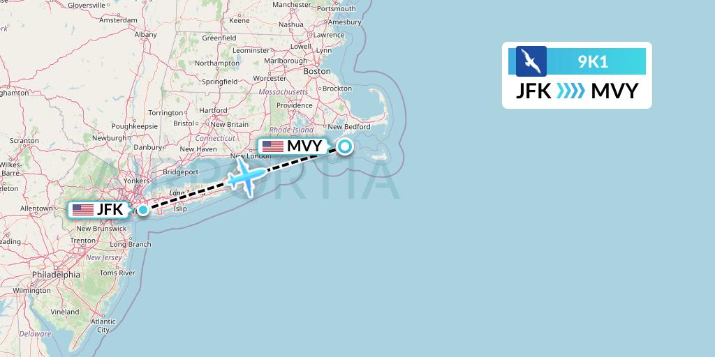 9K1 Cape Air Flight Map: New York to Martha's Vineyard
