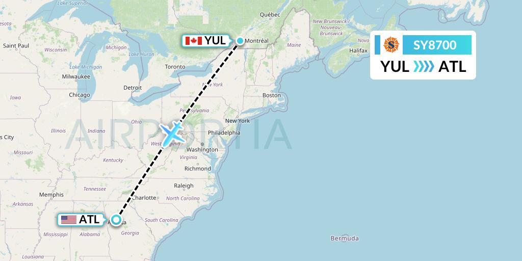SY8700 Sun Country Airlines Flight Map: Montreal to Atlanta