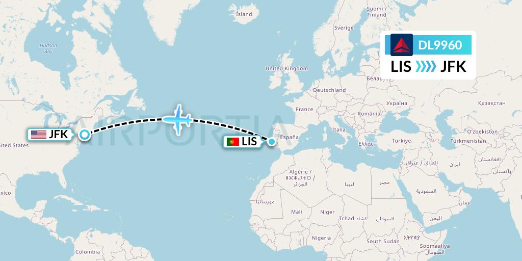 DL9960 Delta Air Lines Flight Map: Lisbon to New York