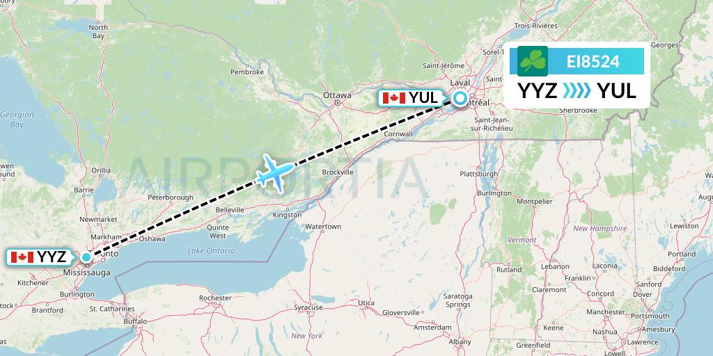 EI8524 Aer Lingus Flight Map: Toronto to Montreal