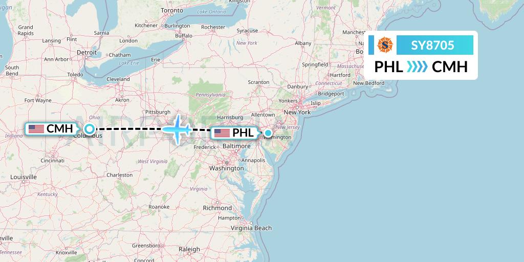 SY8705 Sun Country Airlines Flight Map: Philadelphia to Columbus