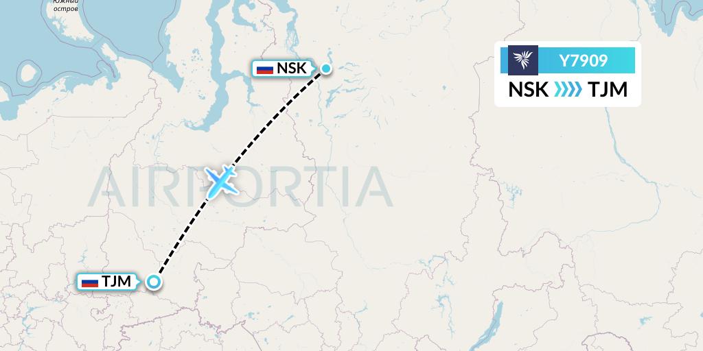 Y7909 NordStar Flight Map: Norilsk to Tyumen