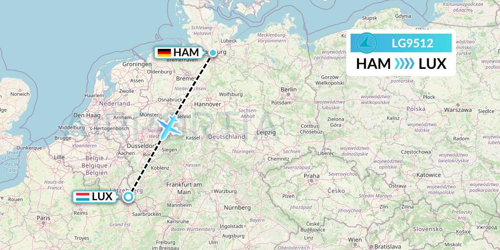 LG9512 Luxair Flight Map: Hamburg to Luxembourg