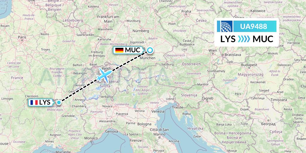 UA9488 United Airlines Flight Map: Lyon to Munich