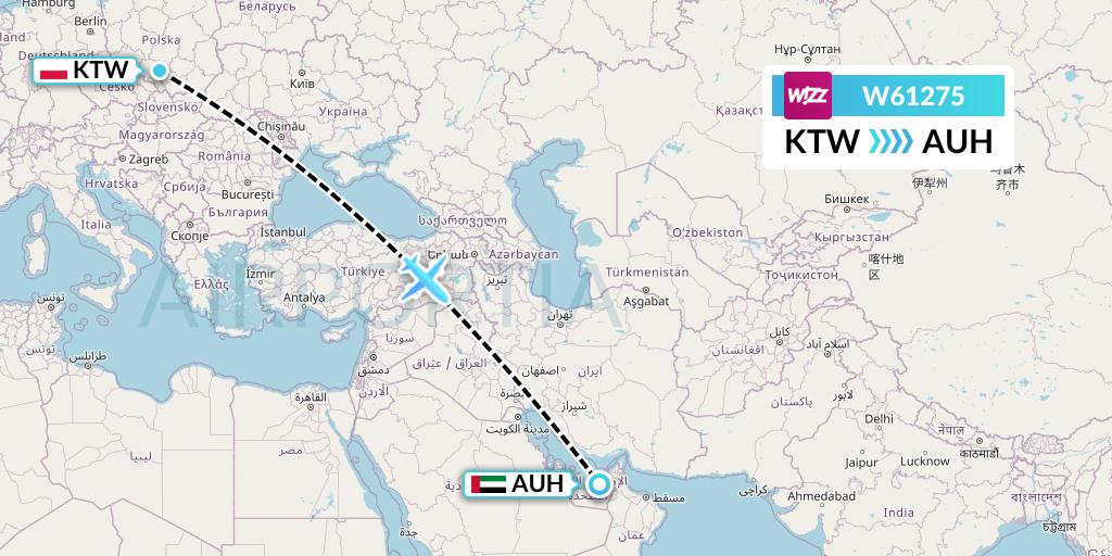 W61275 Wizz Air Flight Map: Katowice to Abu Dhabi