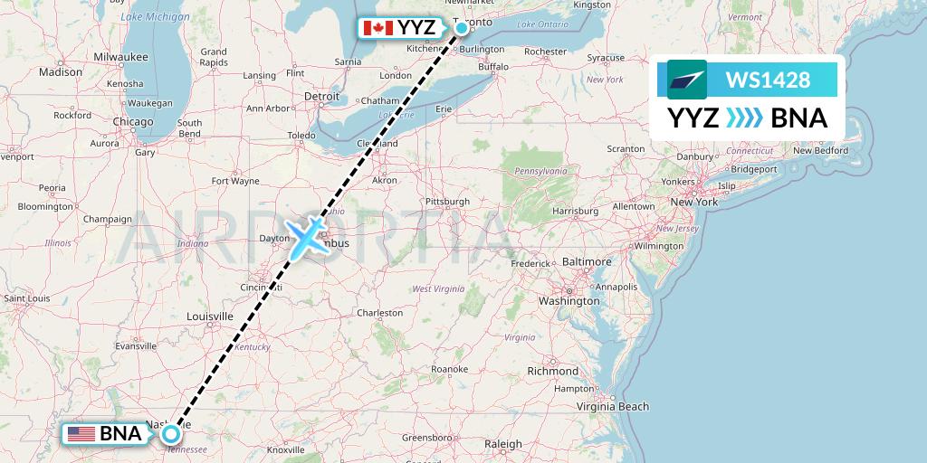 WS1428 WestJet Flight Map: Toronto to Nashville