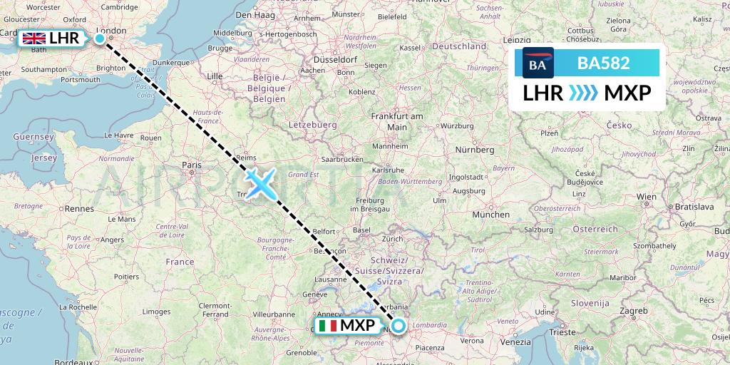 BA582 British Airways Flight Map: London to Milan