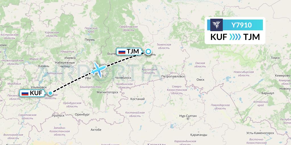 Y7910 NordStar Flight Map: Samara to Tyumen
