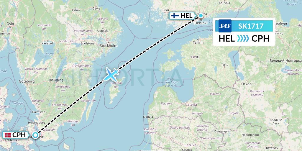 SK1717 SAS Flight Map: Helsinki to Copenhagen