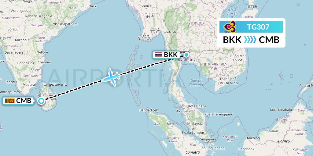 TG307 Thai Airways Flight Map: Bangkok to Colombo